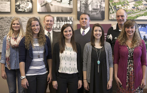 Front row, L to R: senior Kelsey Kapella, vice president; senior Aimee Sudek, president; senior Danielle Herrick, public relations; junior Olivia Cashman, secretary Back row, L to R: junior Haley Watson, treasurer; Dr. Kevin King, assistant professor; Donovan Nelson, assistant professor and honor society sponsor; Charlie Getty, assistant professor NOT PICTURED: Two additional faculty members were inducted into Theta Alpha — Dr. Keith Hardy, department chair, and Sarah Walters, sports medicine director. 